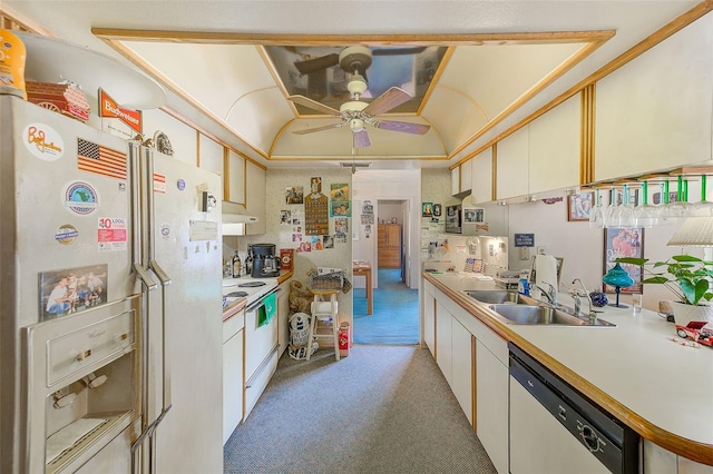 kitchen with white cabinetry, sink, ceiling fan, white appliances, and light carpet