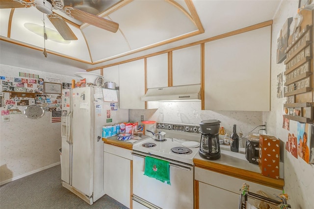 kitchen with ceiling fan, white cabinets, light carpet, and white appliances