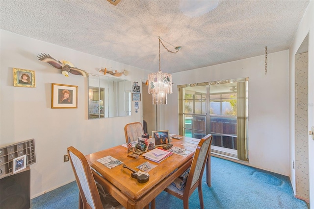 carpeted dining space with a textured ceiling and an inviting chandelier