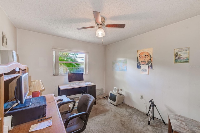 home office featuring carpet flooring, ceiling fan, and a textured ceiling