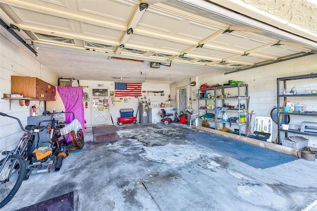 garage featuring a garage door opener and water heater