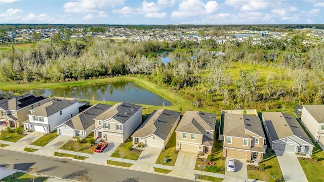 bird's eye view with a water view