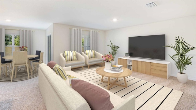 living room featuring light carpet and a wealth of natural light