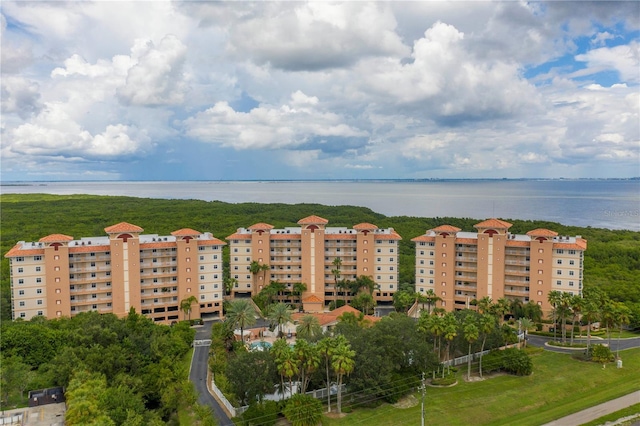 aerial view featuring a water view