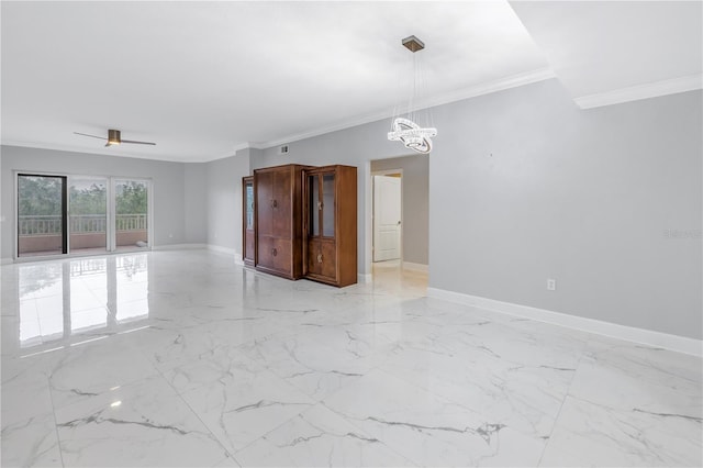 empty room with ceiling fan with notable chandelier and ornamental molding