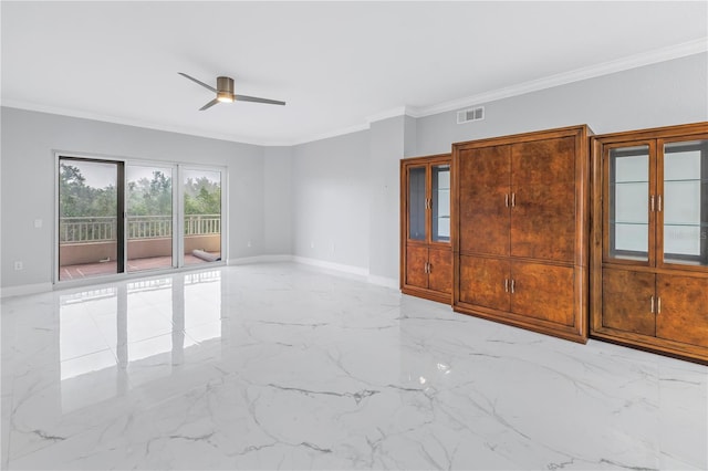 unfurnished room with ceiling fan and crown molding