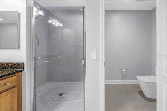 bathroom with tile patterned flooring, vanity, toilet, and a shower with door