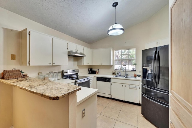 kitchen with electric stove, hanging light fixtures, white dishwasher, white cabinets, and black fridge