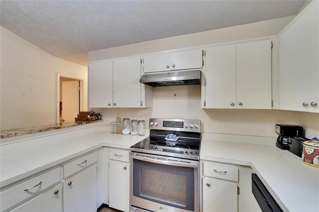 kitchen with white cabinetry, stainless steel electric range oven, dishwasher, and a textured ceiling