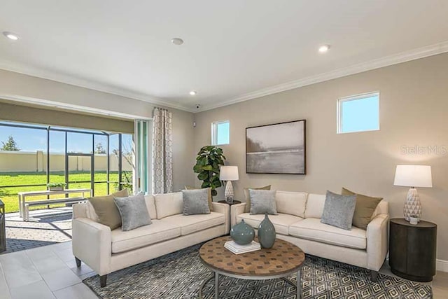 living room with crown molding