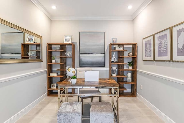 office area with light tile patterned floors and ornamental molding