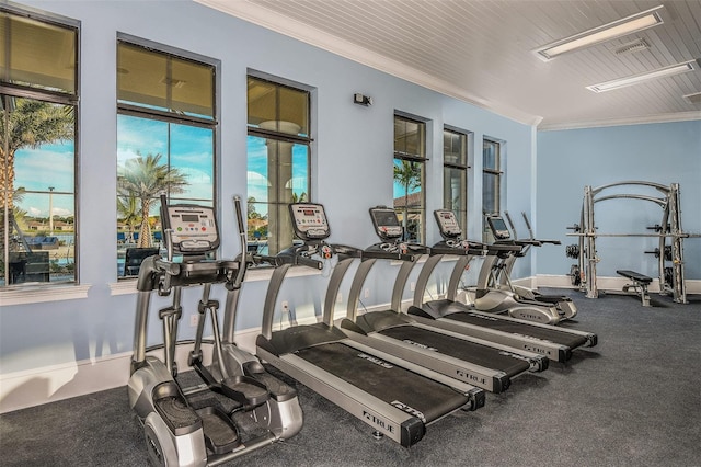 exercise room featuring ornamental molding and carpet floors