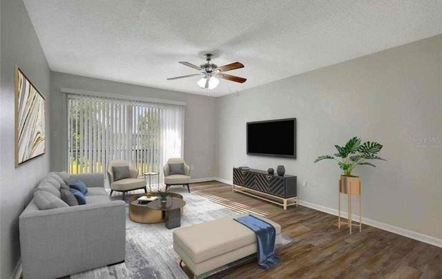 living room with ceiling fan, dark hardwood / wood-style floors, and a textured ceiling