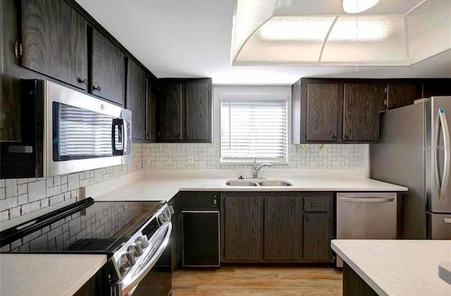 kitchen featuring dark brown cabinetry, stainless steel appliances, light hardwood / wood-style flooring, and sink