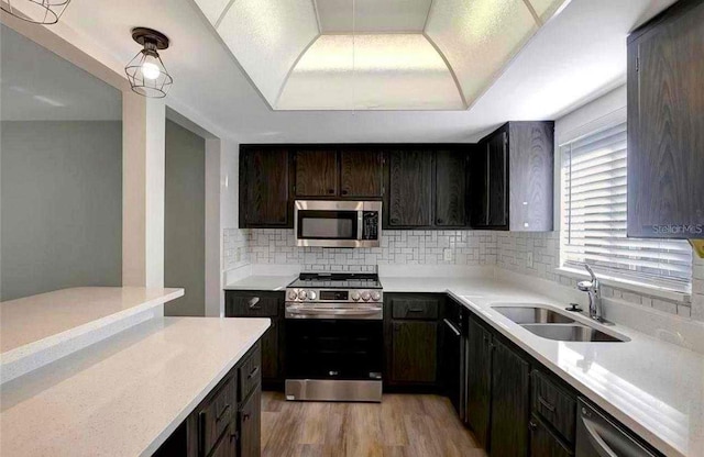 kitchen with backsplash, stainless steel appliances, sink, pendant lighting, and light hardwood / wood-style floors