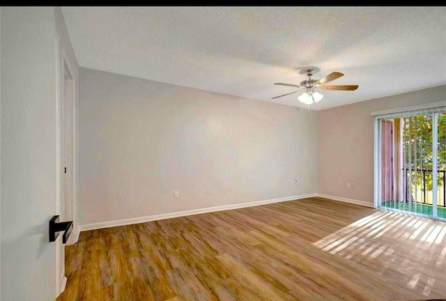 empty room featuring wood-type flooring, a textured ceiling, and ceiling fan