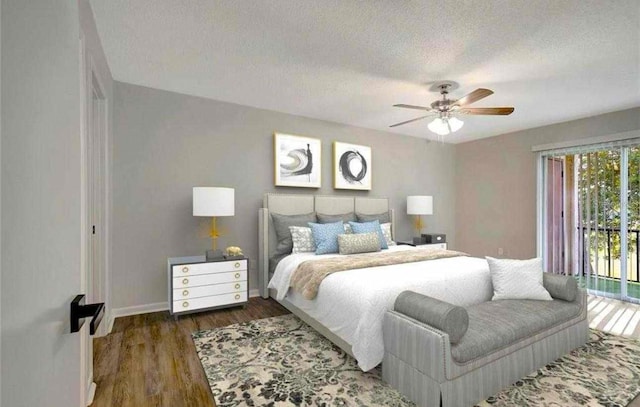 bedroom featuring ceiling fan, dark hardwood / wood-style flooring, a textured ceiling, and access to outside