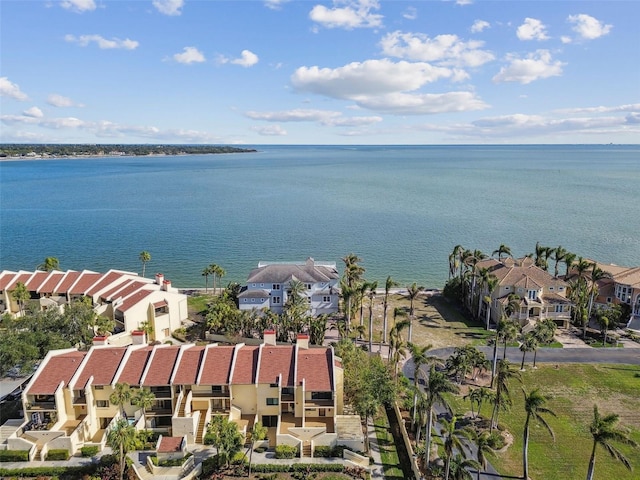 bird's eye view featuring a water view and a residential view