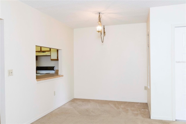 empty room with light colored carpet and a textured ceiling