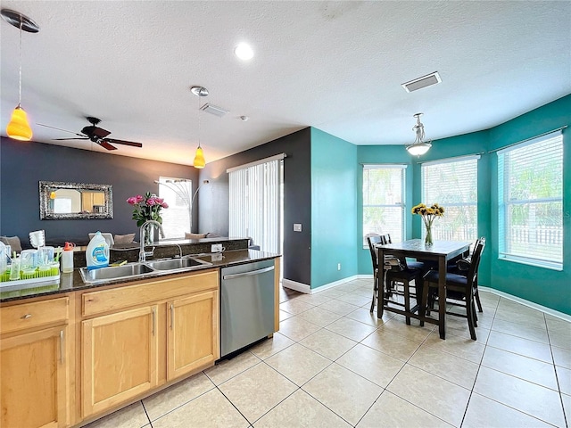 kitchen with hanging light fixtures, stainless steel dishwasher, and sink