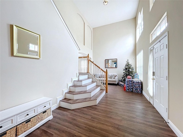 foyer entrance with dark hardwood / wood-style flooring and a towering ceiling