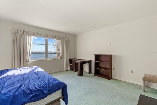 carpeted bedroom featuring a water view