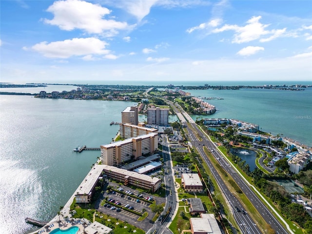 drone / aerial view featuring a water view