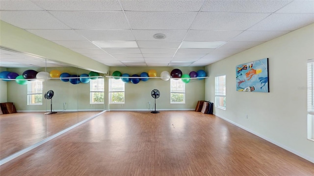 exercise area with wood-type flooring and a drop ceiling