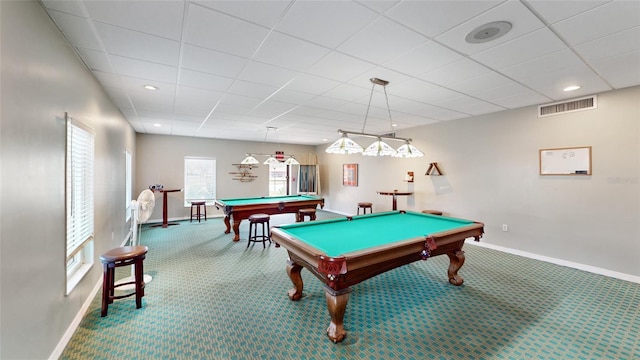 rec room with carpet flooring and pool table