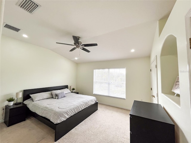 bedroom with carpet floors, ceiling fan, and lofted ceiling