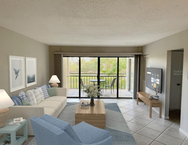 living room featuring plenty of natural light, light tile patterned floors, and a textured ceiling