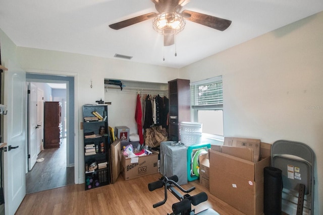 office featuring ceiling fan and light wood-type flooring