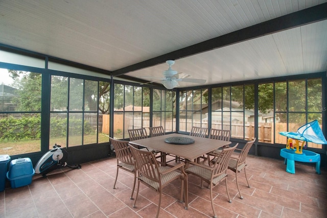 sunroom with beam ceiling, a wealth of natural light, and ceiling fan