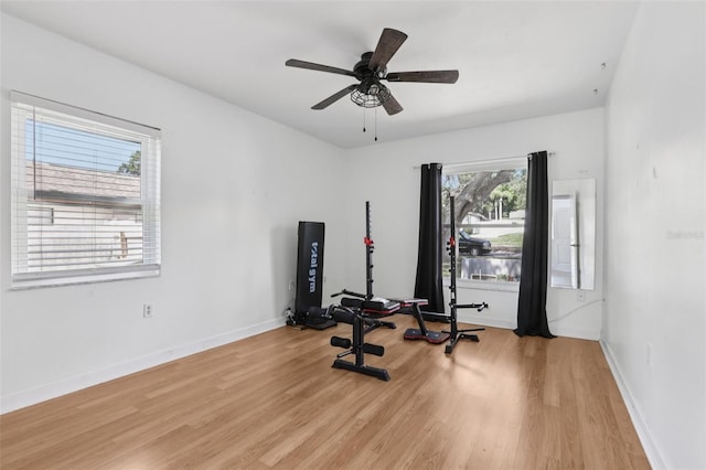 1009 Black Knight Dr, Valrico, FL 33594 - workout room with light wood-type flooring and a ceiling fan