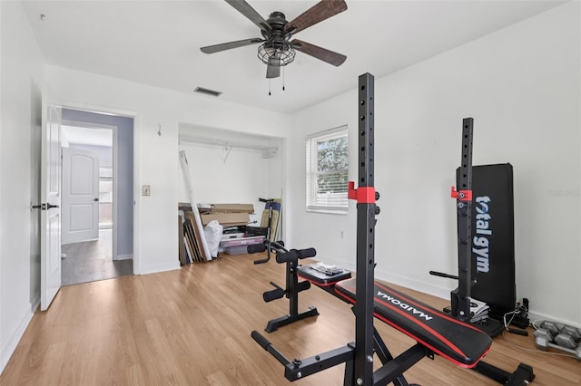 1009 Black Knight Dr, Valrico, FL 33594 - exercise room with a ceiling fan and light wood-style flooring