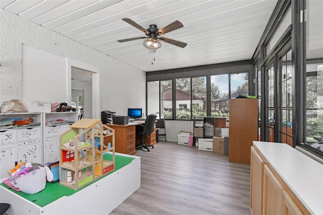 1009 Black Knight Dr, Valrico, FL 33594 - office space with a textured wall, light wood finished floors, ceiling fan, and wooden ceiling