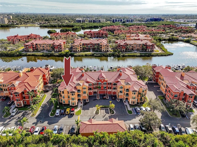 drone / aerial view with a water view