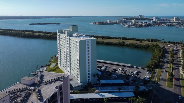 drone / aerial view with a water view