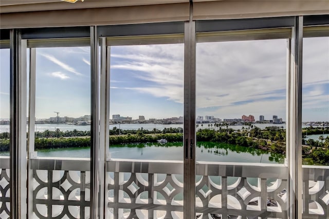 entryway featuring a water view