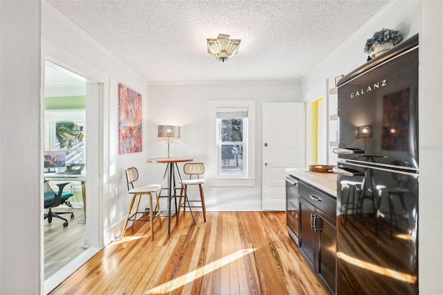 kitchen with light hardwood / wood-style flooring, ornamental molding, and a textured ceiling