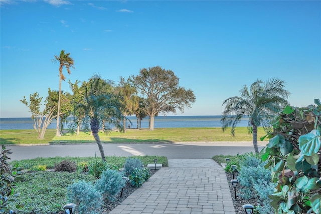 view of property's community with a water view and a lawn