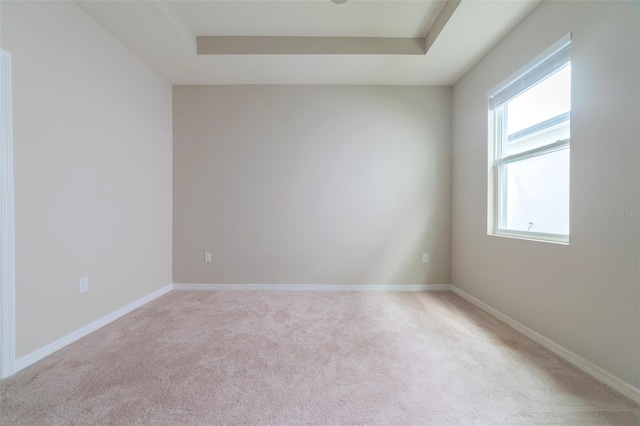 carpeted spare room featuring a tray ceiling