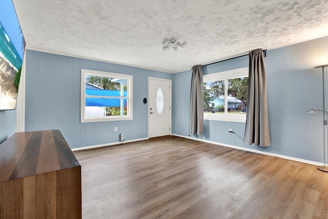 foyer entrance featuring wood-type flooring and a textured ceiling