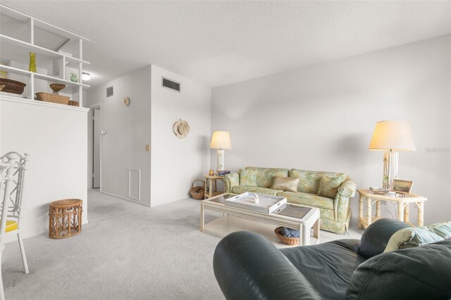 carpeted living room with a textured ceiling