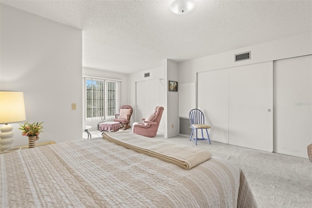 bedroom with a textured ceiling, carpet floors, and a closet