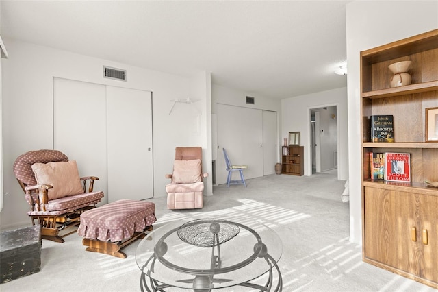 sitting room with built in shelves and light colored carpet