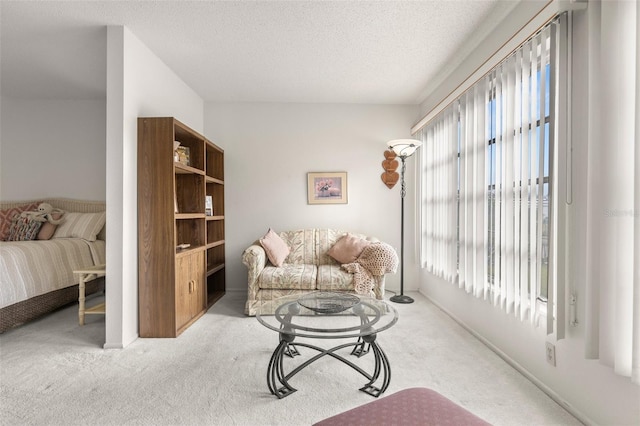 sitting room featuring light colored carpet and a textured ceiling