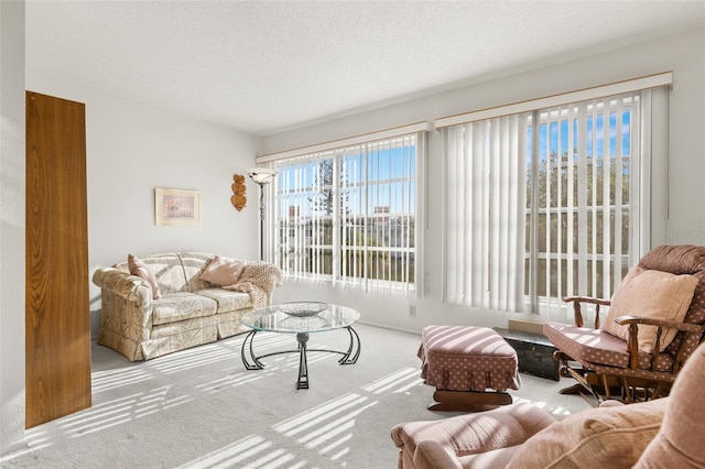 carpeted living room featuring a textured ceiling