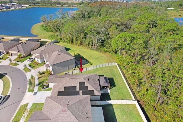 drone / aerial view with a water view