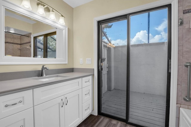 bathroom with wood-type flooring, vanity, and plenty of natural light